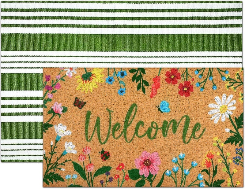 Tinideya 2 Pcs Floral Welcome Doormat Flower Outdoor Welcome Mats for Front Door Non Slip Wildflower Coir Floor Mat Green White Stripe Layering Rug for Outside Front Porch Entryway Decor - Image 1